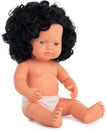 Miniland Dolls: europäische Babypuppe Mädchen mit schwarzen Locken, 38cm, aus weichem Vinyl, in transparenter Tüte. (31232)