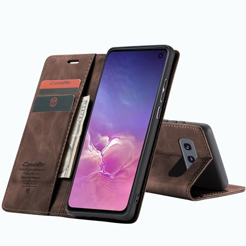 CaseMe Hülle für Samsung Galaxy S10e Vintage Dünne Handyhülle mit Kartenfach Geld Slot Ständer PU Ledertasche Flip Schutzhülle für Samsung Galaxy S10e- Kaffee Braun