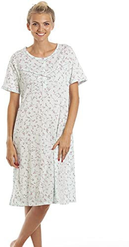 Camille Womens Short Sleeved Floral Nightdress - Ladies 100% Cotton Knee Length Nighties - Comfortable & Breathable Summer Nightwear with Button Fastening