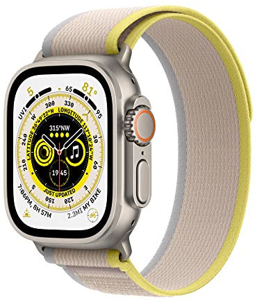 Apple Watch Ultra (GPS + Cellular, 49mm) Smart watch - Titanium Case with Yellow/Beige Trail Loop - S/M. Fitness Tracker, Precision GPS, Action Button, Extra-Long Battery Life, Brighter Retina Display