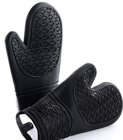 Ofenhandschuhe Silikon, RIFNY Topfhandschuhe Backhandschuhe Hitzebestaendig bis zu 260°C Anti-Rutsch Lange Backofenhandschuhe für Kochen Backen, backofen Handschuhe Oven Gloves(Schwarz)