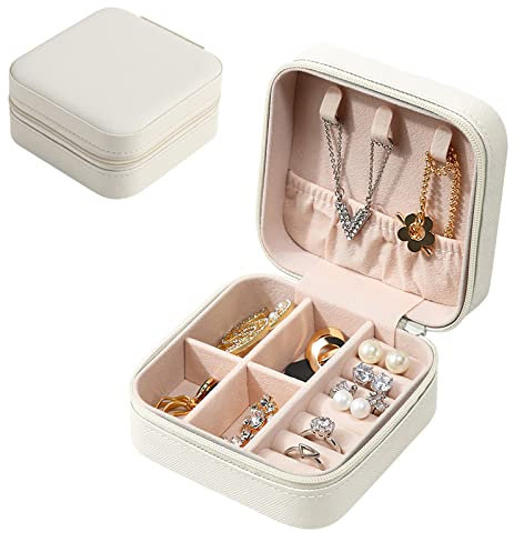 Eucomir Joyero Pequeño Portátil, Organizador de Viaje de Piel Sintética para Mujer Niña, Caja para Anillos,Pendientes,Pulseras y Collares, Blanco Perla