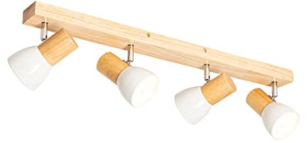 Qazqa - Landhaus I Vintage I Rustikal Deckenstrahler aus Holz mit weißem, verstellbarem 4-flammig Spotbalken-flammigen Strahler – Thorin I Wohnzimmer I Schlafzimmer - Rechteckig - LED geeignet E14