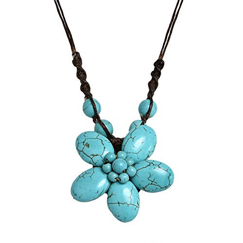AeraVida Simply Adorable Simulated Blue Turquoise Stone Flower on Cotton Rope Necklace | Classic Handmade Jewelry for Women | Handmade Turquoise Necklace