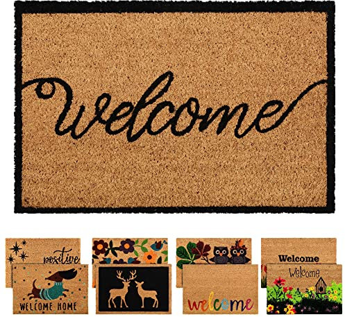 ZENQA Coir Door Mats Outdoor Indoor | Front Door Heavy Duty Doormat Thick Non Slip High Absorbency | Large 100% Natural Coir Dirt Trapper | Entrance Matting (Welcome Cursive)