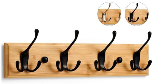 LARHN Wooden Coat Hooks - Wall Mounted Coat Rack - 4 Triple Black Coat Hooks for Wall on Bamboo - 42 cm - All Fixings Included for Quick & Easy Installation