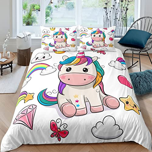 XPINGO Kinder Bettwäsche Einhorn 155x220 cm 3teilig Jungen und Mädchen 100% Mikrofaser Sommer Weiche Winter Warm Bettbezüge 3D Sterne Schmetterlinge Bettbezug mit 2 Kissenbezüge 80x80 cm