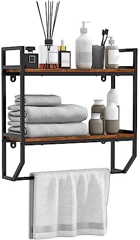 LIFEZEAL Badezimmerregal Hängend, Wandregal Badezimmer mit 2 Ablagen & Handtuchhalter, Handtuchhalter Wand, Handtuchablage Badetuchhalter Holz, Badregal Hängeregal Bad