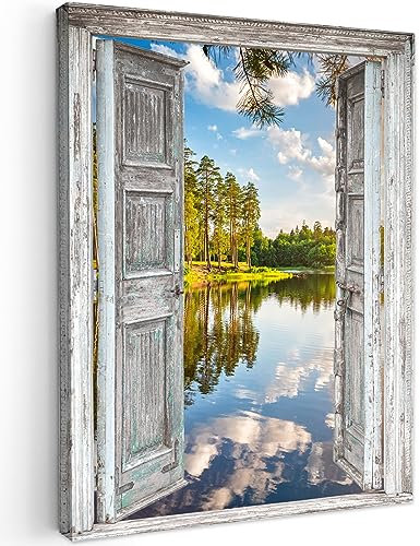 MuchoWow© Bilder 60x80 cm Wohnzimmer Deko Modern Wandbild Foto auf Leinwand Bild Schlafzimmer Room Decor Geschenke Wasser - Landschaft - Fenster - Blick