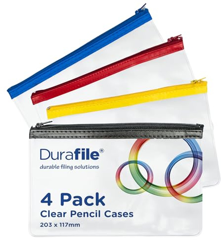 Durafile Clear Pencil case, Pack of 4 - Small. Clear 203 x 117mm, Assorted Colours Metal Zipper, Waterproof, Versatile Storage, Stationery Make up Toiletries Travel & Office