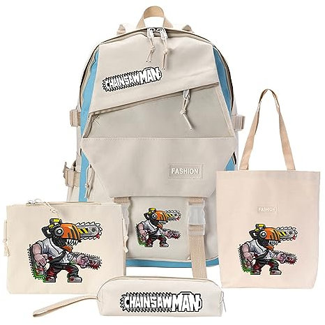 Chainsaw Man Anime Backpack 4 Piece Set Pen Bag Crossbody School Starting Essentials Power Pochita Printed Schoolbag Shoulder Bag Student Canvas Bags Handbags