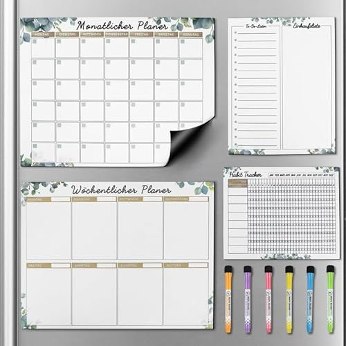 JOLIGAEA 4 Stk Wochenplaner Magnetisch, Haushaltsplan Magnetisch Abwischbare, Wochenplaner, Monatsplaner, To Do Liste, Habit Tracker Whiteboard, Familienplaner Planungstafel mit 6 Abwischbare Marker