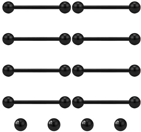 Gojewen 8er Zungenpiercing Brustwarzenpiercing und 4er Ersatzkugel Chirurgenstahl Schwarz Piercing Zunge Brustwarze Barbell 14mm
