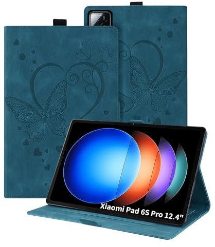 Auslbin Tab Funda Compatible con Xiaomi Pad 6S Pro 12.4 2024, Cuero PU con Relieve de Mariposa con función de Soporte, para Xiaomi Pad 6S Pro, Azul