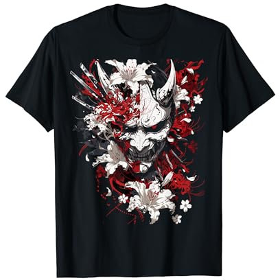 Heinze Design Japan Collection Anime Grunge Harajuku T-Shirt, Schwarz, S, Halbarm, Unisex, Klassische Passform, Anime Todes Blume Oni Japanische Spinnenlilie Teufel
