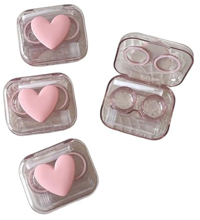 BEDARTIST 4 Pack 3D Design Cute Contact Lens Cases, Travel Eye Contacts Case Box Holder, Contact Lenses Tweezers Remover Tool Solution Bottle Kit for Daily Outdoor (3D Hearts, Pink)