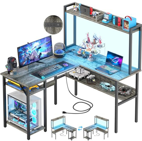 Unikito L Shaped Gaming Desk with LED Strip and Power Outlets, Reversible L-Shaped Computer Desk with Storage Shelves, Corner Desk with Hutch, 2 Person Home Office Desk, Black