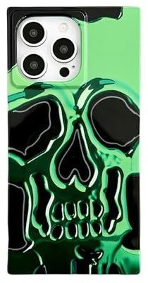 Skull Print Cool Rectangle Phone Case for iPhone 14 Pro Max(6.7 in),Funny Unique Skeleton Gothic Halloween Design Glossy Sleek One Piece Slim Lover Gift Cover(i14 Promax 6.7,Green)