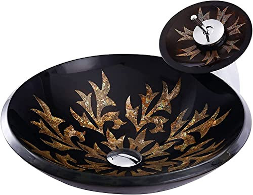 Lavabo Lave Main, Lavabo De Salle De Bain Art, Évier En Verre Trempé Sculpté À La Main, Bol De Lavage Rond De 19 Mm D'épaisseur Avec Robinet Cascade Et Drain Combiné