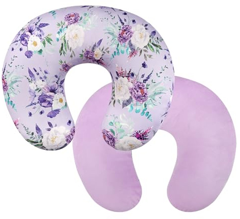 CARUILI Nursing Pillow Cover 1 Pack, Removable Nursing Pillow Cover for Breastfeeding Pillows, Super Soft Comfortable Slipcover for Boy and Girls, Purple Floral