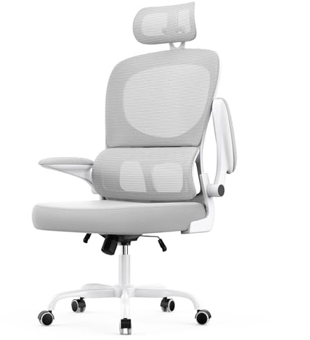 rattantree Bürostuhl Ergonomisch: Bürostühle mit C-förmiger Lordosenstütze,Office Chair Verstellbarer Kopfstütze und Umkehrbarer Armlehne, Atmungsaktiver Netz für das Heimbüro, Studie,Weiß-Grau