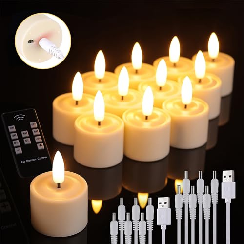 UniEasy 12 Stück Wiederaufladbare Teelichter Flackernd mit Fernbedienung und Timer, LED Teelichter aufladbar, USB-Aufladbare Elektrische Kerzen für Hochzeiten, Halloween, Weihnachten, Heimdekoration