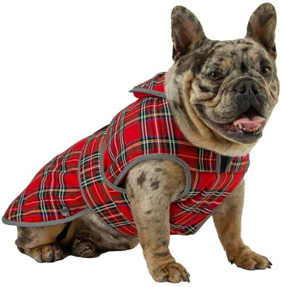 Ancol Heritage Hundemantel in rotem Schottenkaro, Fleece-gefütterte Haustierjacke mit Brustschutz und Reißverschluss-Lochung, reflektierende Kanten, Welpenbekleidung, Größe S/M