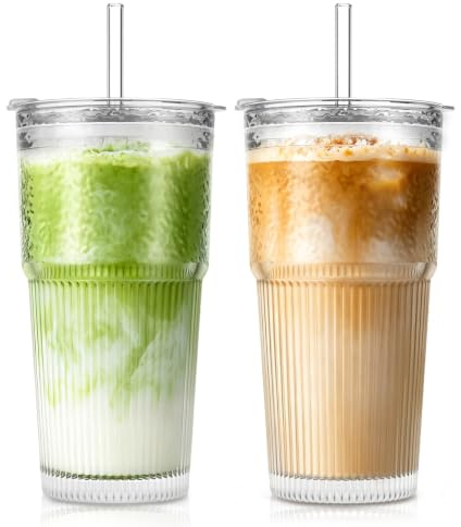 SoulTimes Tazza da caffè ghiacciato con coperchi in vetro e cannucce