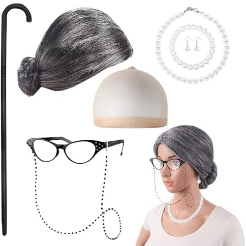 WDKXCN Oma Perücke Grau, 8er Set Oma Kostüm mit Perücke Oma, Oma Brille Brillen, Perlenschmuck Usw, Oma Kostüm Alte Frau, Old Lady Kostüm Set für Karneval Halloween Party Fasc