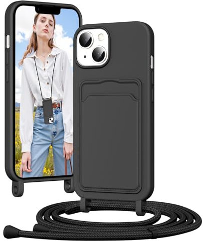 Vauki Handyband Silikon Hülle für iPhone 13/iPhone 14 mit Band, Handyhülle mit Kartenfach, Abnehmbar Einstellbar Kordel Kette zum Umhängen, Stoßfeste Schutzhülle Case für iPhone 13 Schnur (Schwarz)