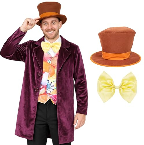 Costume de patron pour adulte Chocolate Factory - Taille S - Manteau violet, gilet imprimé bonbons, chapeau haut de forme marron, nœud papillon doré - Déguisement pour homme - Journée mondiale du