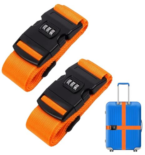 2 Stück Koffergurt mit Zahlenschloss, 200 * 5cm Kofferband, Einstellbare Kreuz Koffer Gepäckgurte mit TSA Schloss, Gepäckband für Koffer Gepäck Reisetasche (Orange)