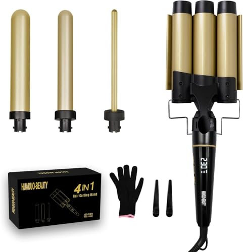 Lockenstab Set 4 in 1, 3 Fässer Welleneisen 32mm Keramik mit Verschiedenen Aufsätzen Einstellbare Temperatur für Beach Wave Lange/kurze Haare