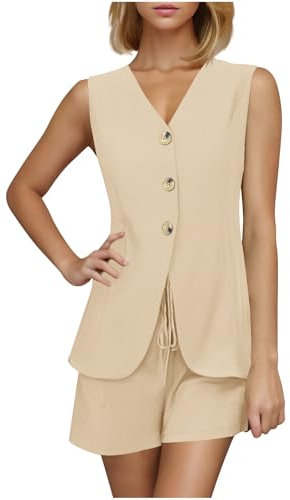 NSICBMNO Beige 2 Piece Outfits Women Shorts Co Ord Sets Summer Suits Sleeveless Waistcoat Button Up Vest Top Tailored Shorts Hot Pants Casual Outfits Summer Lounge Sets For Office Work Streetwear
