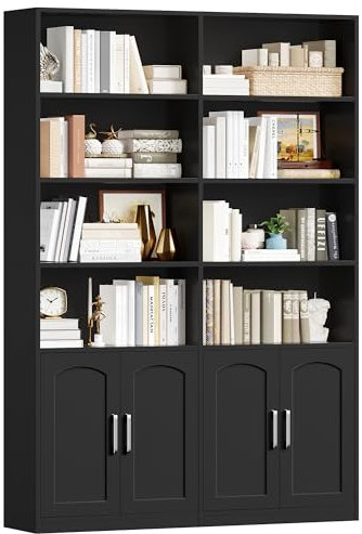 FirFurd Bookcase 6-Tier Bookshelf with Doors 185.5cm Living Room Bookcase Freestanding Display Shelf Tall Storage Cupboard for Home Office Black 115x27x185.5cm