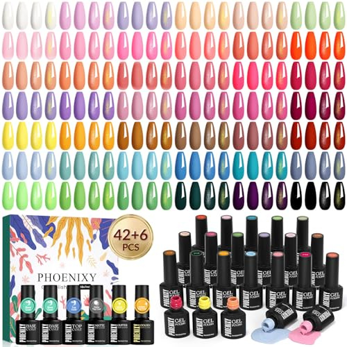Phoenixy Gel Nail Polish, 48PCS Gel Nail Polish Set with 6 Base & Top Coats | 42 Colors Gel Nail Polish, Soak Off Nail Polish, Glossy Matte Glitter gloden Top Coats, Nail Varnish Sets Gift for Women