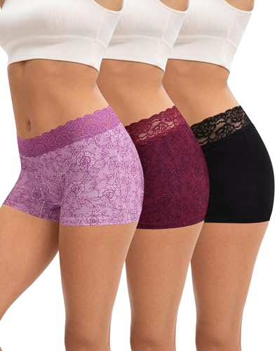 INNERSY Boxershorts Damen Baumwolle Unterhosen Spitze Unterwäsche 3er Pack | 100% Baumwoll Schritt, Hipster Pantys Weich, Unterhose mit Bein, Boyshorts Bequem, Hose unter Kleid, Unterrock Shorts