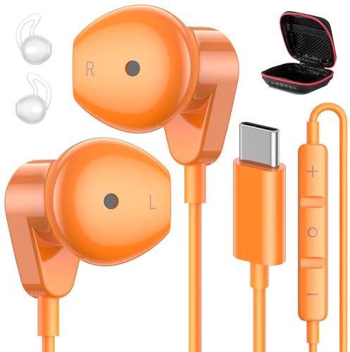 APETOO USB C Headphones for iPhone 17 Pro Max 16 15 Plus iPad USB-C Wired Earbuds with Microphone Volume Control HiFi Stereo Type C Earphones for Galaxy S25/S24/S23/S22 Ultra, Pixel 10 9 8 7 6, Orange