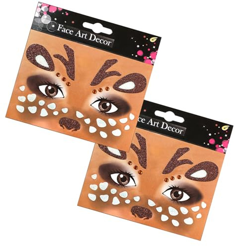 Gesichtstattoo 2 Stück Face Art Aticker Sikahirsch, Reh Temporäre Glitzer Tattoo Gesicht, Reh Schminke Fasching Karneval, Rentier Kostüm Zubehör für Motto Party Erwachsene Kinder