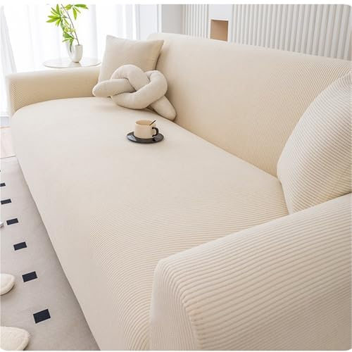 NEPHRA Sofa Sofabezug Hochelastisch, wasserdichter und Rutschfester Cord Bezug mit Möbelschutz für Wohnzimmer mit Haustieren, weich und waschbar(White,190-230 cm)