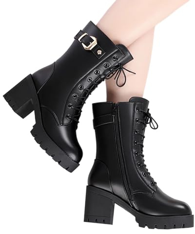 Botas de invierno para mujer con tacón, forradas, color negro, con cordones, tacón grueso, antideslizantes, botas de nieve, botas altas de invierno, cálidas para exteriores, moteros, cómodas, botas