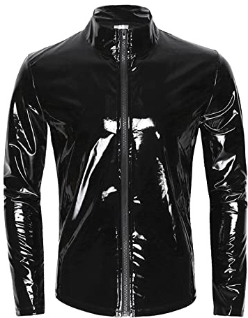 Herren Lack-Optik Jacke Kurze Mantel Oberteile Männer Kunstleder Hemd T-Shirt Slim Fit Latex Glänzend Tops Party Outwear Lack-Optik Oberteile Kurzarmshirts Kunstleder