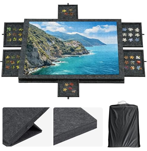 Youyijia Puzzlebrett mit Schubladen & Tragetasche, Neigbare Filz-Puzzleplatte für bis zu 1000 Teile, 2-in-1 Puzzleboard mit Ständer & Abdeckung (Dark Grey)