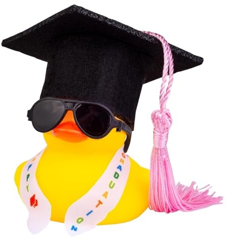 Lustige Akademiker Gummiente mit Diplom Mini Graduierung Hut Schärpe Brille Ente Auto Armaturenbrett Dekoration Prüfung Bestanden Bachelor Geschenk 2026 bei Prüfungen Abschlussfeier (Schwarz-Schwarz)