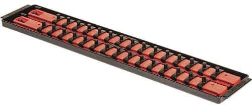 Heavy Duty Socket Organizer with Tray - Ernst Manufacturing 19-Inch Socket Boss 2-Row, 1/4-Inch-Drive Twist Lock Socket Holder, SAE, Metric, Red (8452) - Automotive Industry - Made in USA