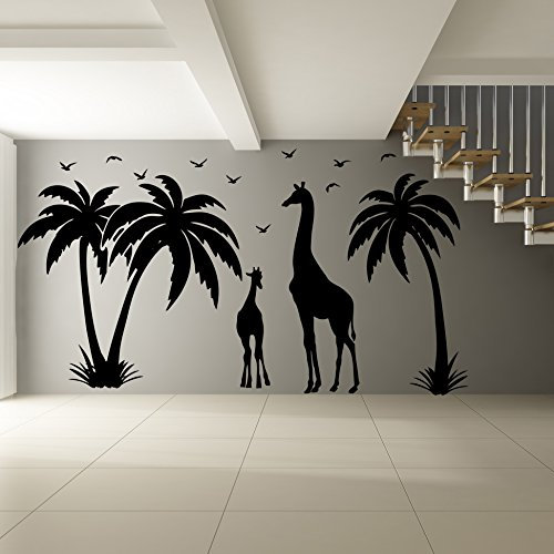(120 x 66 cm Wandaufkleber, Vinyl, Motiv Paradise Insel mit Palme, Vögel und Giraffen, Giraffen-Familie mit Baby, mit Deko-Aufkleber, personalisierbar, Vinyl, Motiv verschiedene Geschenk!