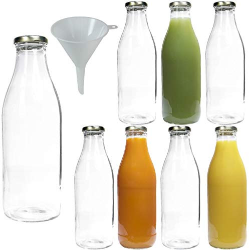 Viva Haushaltswaren Lot de Bouteilles en Verre/Bouteilles de Lait 250 ML avec Entonnoir à vis – argentées, Verre, Couvercle doré, 8 x 1000ml