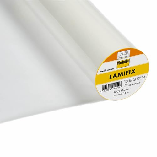 Vlieseline Lamifix Folie, 15 Meter Länge x 45 cm Breite, Transparent | Transparente Bügelfolie für Stoffe – macht Oberflächen glänzend, strapazierfähig und feucht abwischbar.