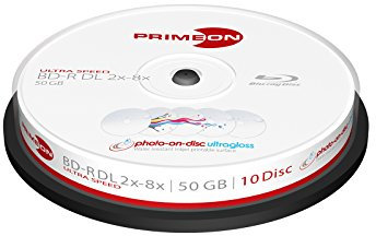 PRIMEON BD-R DL 50GB/2-8x Cakebox (10 Disc), photo-on-disc ultragloss Surface, Water resistant Inkjet Fullsize Printable