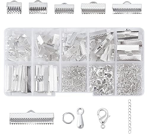 PandaHall Elite 500 Stücke Schmuck DIY Basteln Set Schmuckherstellungsset Bandklemme Karabinerverschluss Jump Ringe kettenverlängerung Ribbon Ends Verschluss für Armbänder Ketten, Silber